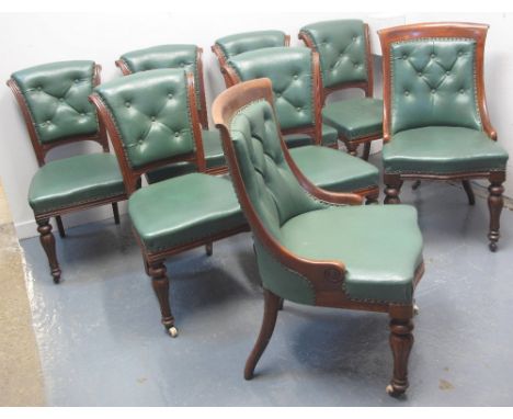 A SET OF EIGHT MAHOGANY FRAMED GREEN HIDE BUTTON UPHOLSTERED DINING OR CLUB CHAIRS comprising six straight fronted upright ch