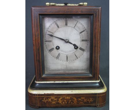 FRENCH 19TH CENTURY TWO TRAIN ROSEWOOD MANTEL CLOCK cased with satinwood stringing and foliate inlays, having gilt metal carr