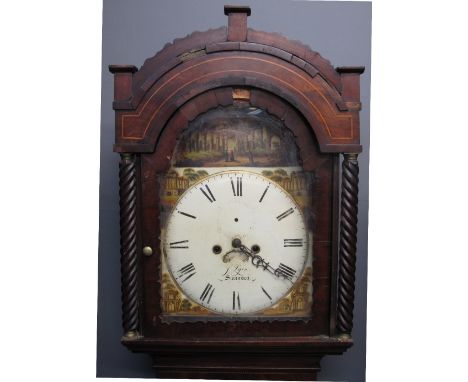 19TH CENTURY WELSH EIGHT DAY LONGCASE CLOCK marked J Lyon Swansea, having arched hood above arched aperture flanked by spiral