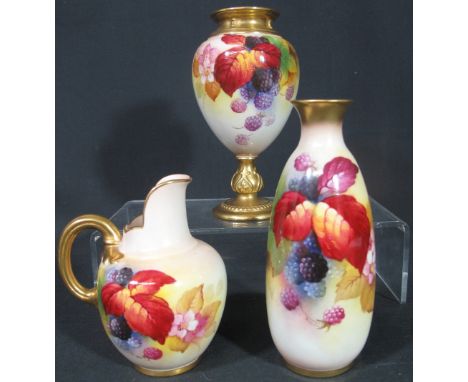 A GROUP OF ROYAL WORCESTER PORCELAIN ITEMS all signed by Kitty Blake and decorated with autumn berries and leaves, to include