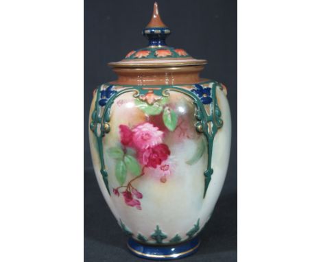 ROYAL WORCESTER PORCELAIN POT POURRI VASE AND COVER of ovoid form with strap work moulded borders painted with flowers amongs