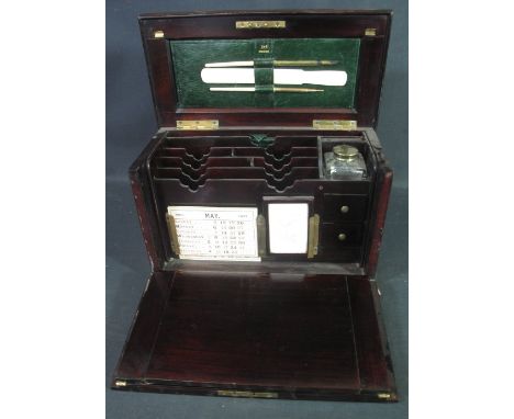 VICTORIAN INLAID WRITING BOX having lift lid revealing fitted interior with letter rack, inkwell and other accessories, fold 