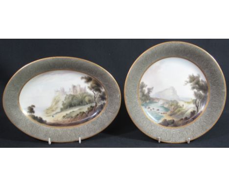 ROYAL WORCESTER PORCELAIN OVAL CABINET DISH depicting Llanstephan castle, hand painted and signed by C. Johnson, printed puce