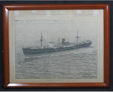 JOSEPH ROBERTS (Welsh 20th Century), study of the freighter Trewidden, signed by the artist as chief officer, pencil. 36 x 49