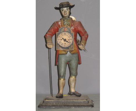 19TH CENTURY GERMAN POLYCHROME SPELTER FIGURE OF A CLOCK PEDDLER or a clock seller figure with small time piece on his chest 
