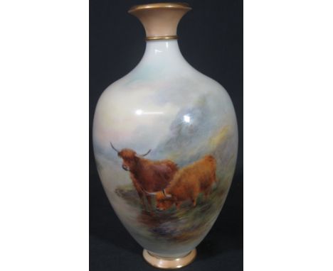 ROYAL WORCESTER PORCELAIN OVOID VASE, painted and signed by H. Stinton with two highland cattle in a mountain glen. 20.5cm hi