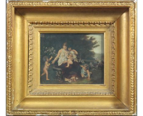BRITISH SCHOOL, mother and children in a garden with doves and distant seascape, oils, bearing William Rodman &amp; Company L
