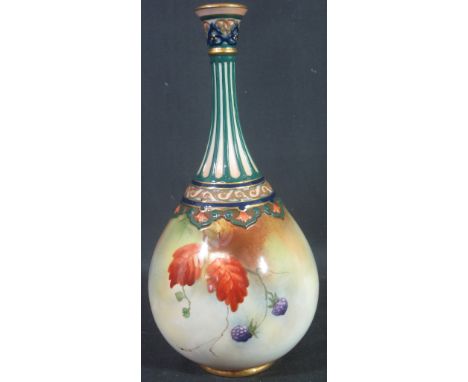 ROYAL WORCESTER PORCELAIN BOTTLE VASE, dated 1903 with fluted neck and strapwork moulded rims, signed and painted by Kitty Bl