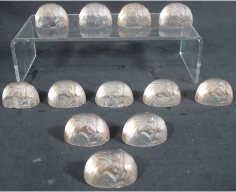 SET OF TWELVE R. LALIQUE FRENCH GLASS MENU/CARD HOLDERS decorated with organic stylised leaves, etch marks to base are Laliqu