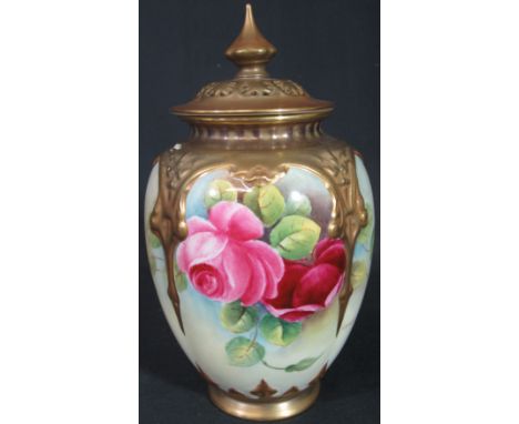 ROYAL WORCESTER PORCELAIN POT POURRI VASE with pierced gilt decorated finial lid, raised gilt shoulders over a squat form vas