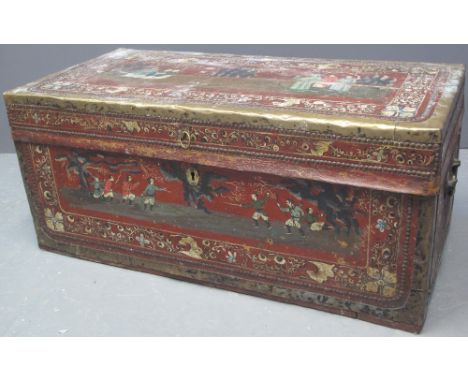 19TH CENTURY CAMPHOR WOOD LEATHER COVERED AND BRASS MOUNTED TRAVELLING TRUNK hand painted with Chinese figures in landscapes 