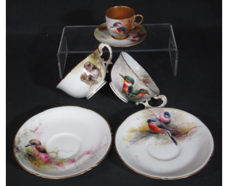 EARLY 20TH CENTURY ROYAL WORCESTER GILDED BONE CHINA CABINET CUP AND SAUCER enamelled in colours with a kingfisher and anothe