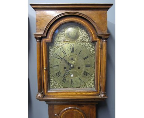 18TH CENTURY WELSH MAHOGANY CASED EIGHT DAY LONGCASE CLOCK marked David Mundy, Bridge End, having flat hood over arched apert