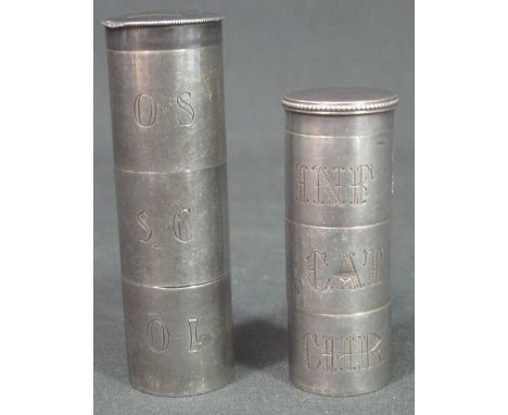 TWO SIMILAR AND UNUSUAL ENGLISH SILVER SPICE OR MEDICINAL TOWERS each cylindrical form in three sections with removable cap, 