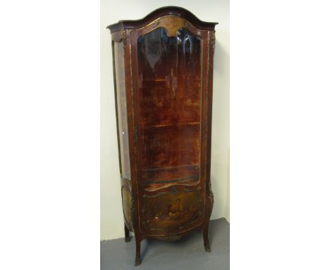 LATE 19TH/EARLY 20TH CENTURY FRENCH VERNISMARTIN DESIGN SERPENTINE FRONTED WALNUT DISPLAY CABINET overall with gilt metal mou