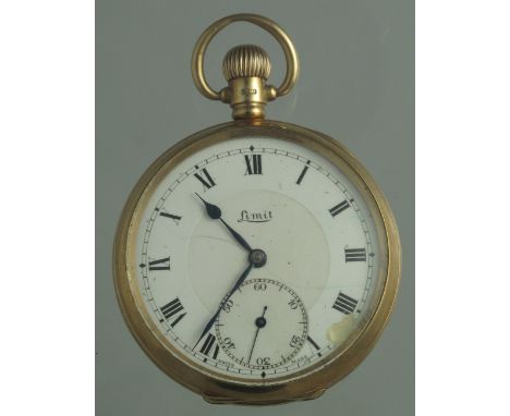 9CT GOLD OPEN FACED KEYLESS POCKET WATCH marked Limit, the enamel face with Roman numerals and seconds dial, engraved initial