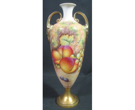 ROYAL WORCESTER PORCELAIN TWO HANDLED URN SHAPED VASE with painted fruit decoration, signed Telford, black printed marks with