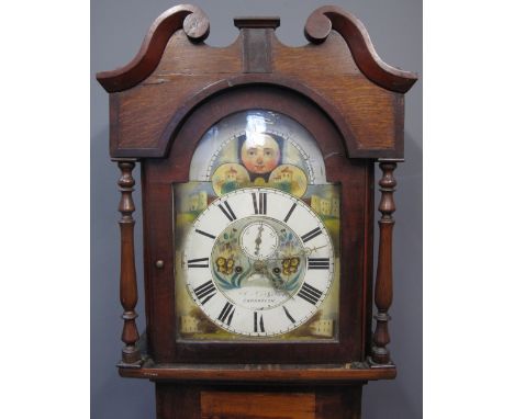 19TH CENTURY WELSH OAK AND MAHOGANY 8 DAY LONGCASE CLOCK marked Robert Griffiths Carnarvon (sic), having broken swan neck ped