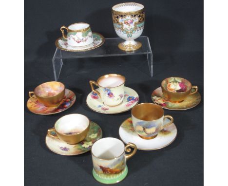 GROUP OF MAINLY ROYAL WORCESTER BONE CHINA MINIATURE CABINET CUPS AND SAUCERS with various decoration including: floral, frui