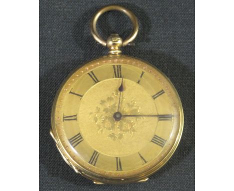 19TH CENTURY FRENCH 18CT GOLD FANCY KEY WIND FOB WATCH having engine turned Roman face with foliate decorated centre, engrave