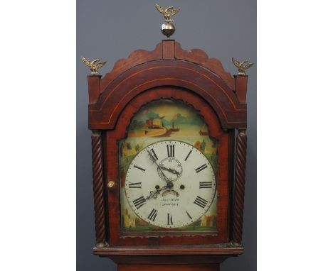 19TH CENTURY WELSH MAHOGANY EIGHT DAY LONGCASE CLOCK by Joseph Kern of Swansea, having arched pediment with brass finials, ar