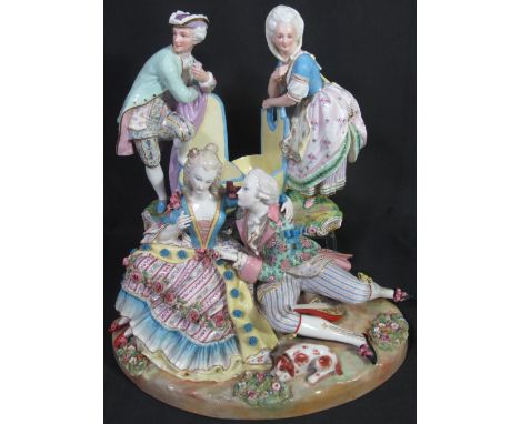 THREE SIMILAR MEISSEN PORCELAIN FIGURES OR FIGURE GROUPS to include; pair figures in 18th Century dress leaning on wicker bas