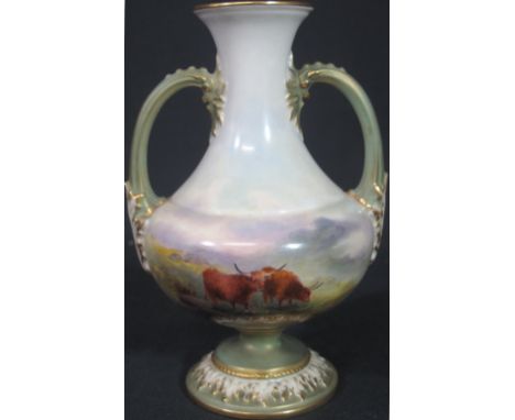 SMALL ROYAL WORCESTER TWO HANDLED PORCELAIN VASE painted and signed by H. Stinton, decorated with two cattle in the highlands