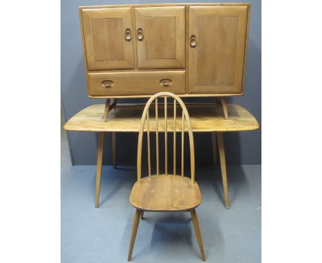 ERCOL LIGHT ELM AND BEECH SIX PIECE DINING SUITE comprising; rectangular table on square tapering legs, four spindle hoop bac