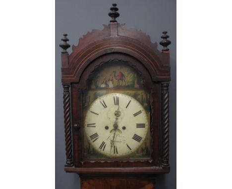 19TH CENTURY WELSH MAHOGANY AND WALNUT EIGHT DAY LONGCASE CLOCK by Owen of Swansea, having arched hood with turned finials ab