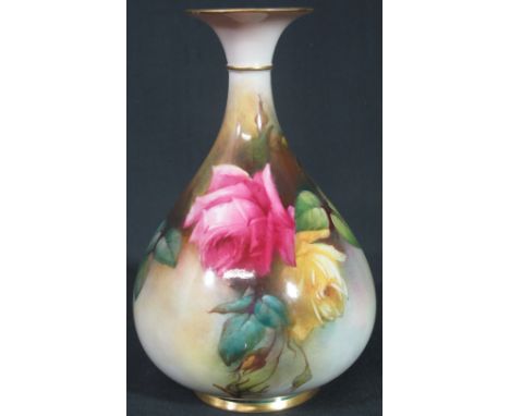 ROYAL WORCESTER PORCELAIN ONION SHAPED VASE signed and painted by A Hood and overall decorated with roses and foliage, date c