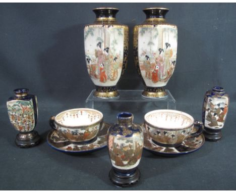 MIXED LOT OF JAPANESE SATSUMA EARTHENWARE comprising two hexagonal pedestal vases depicting geishas in a garden, three indivi