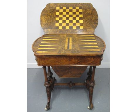 VICTORIAN WALNUT INLAID COMBINATION GAMES AND LADIES WORKBOX, the hinged lid revealing burr walnut decoration with chess, bac