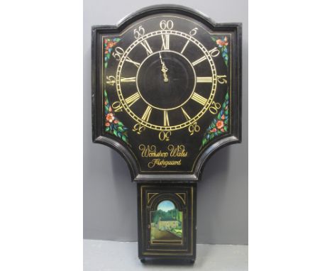 A MODERN COPY OF A LATE 18TH CENTURY ACT OF PARLIAMENT TAVERN CLOCK with overall ebonised finish, painted floral spandrels an