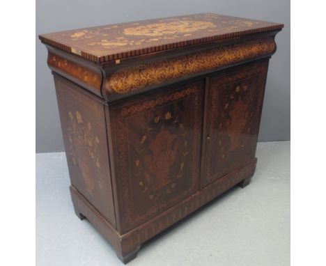 19TH CENTURY DUTCH MARQUETRY SIDE CABINET overall copiously inlaid with floral marquetry and parquetry, having a cushion shap