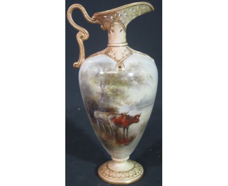 ROYAL WORCESTER PORCELAIN EWER of baluster tapering form, hand painted and signed by J Stinton with highland cattle by the ri