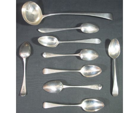 A GROUP OF SIX SIMILAR GEORGIAN SILVER TABLESPOONS (4+2) of plain old English design with engraved S initial. Two London 1796