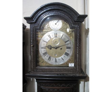 18TH CENTURY OAK 8 DAY LONGCASE CLOCK marked Nicholas Goddard, Newark, having arched hood, long waist door with glass bullion