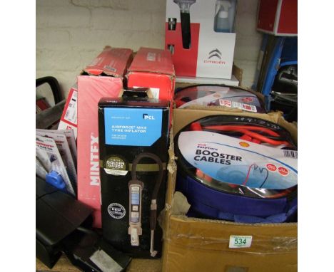 A mixed collection of vehicle related items to include Shell booster cables, Citron Windscreen tiger spray set, brake pads, a