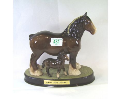 Beswick shire horse and foal on ceramic base entitled “ Horses great and small”