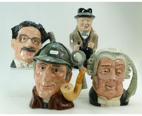 Royal Doulton large character jugs Groucho Marx D6710, The Lawyer D6498, The Sleuth D6631 and toby Winston Churchill (4) (all