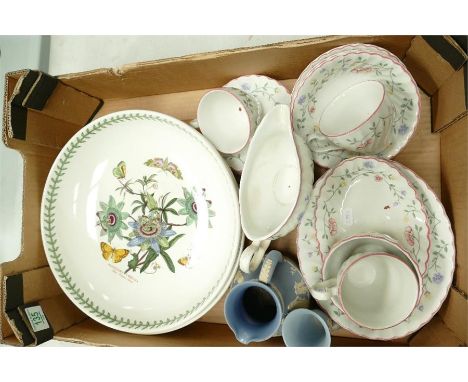 A mixed collection of ceramic items to include two large Portmeirion Botanical fruit bowls, Wedgwood Jasperware Jug and vase 