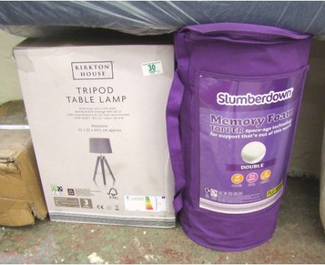 Tripod Lamp together with a Memory Foam Topper..This lot is either a catalogue return, unclaimed good or a despatch return an