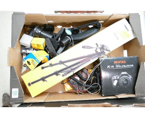 A mixed collection of camera equipment to include boxed Pentax K-M series camera, Cobra tripod, accessories 