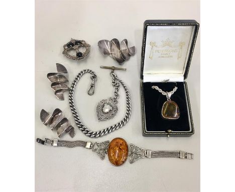 Collection of Vintage Silver jewellery includes Silver Albert chain amber bracelet and pendant and chain modernist Silver 925