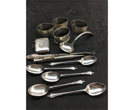 Collection of Silver items includes vesta case button hook , serviette rings etc Silver weight 215g 