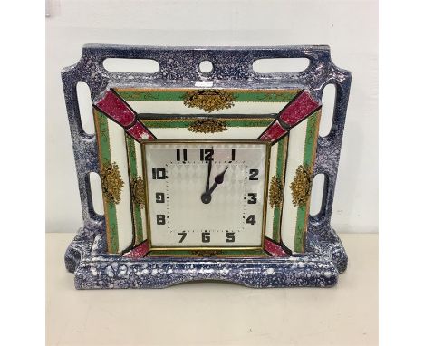 Antique  Porcelain  Mantle Clock Makers Mark to base measures approx 12ins tall by 15ins wide clock winds and tick but no war