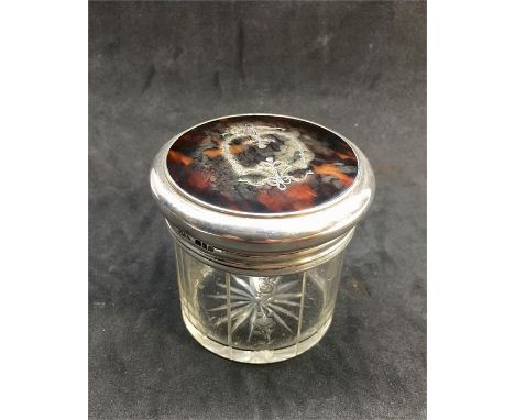 Silver and tortoiseshell glass trinket jar London Silver hallmarks measures approx 7mm dia 6.5cm tall 
