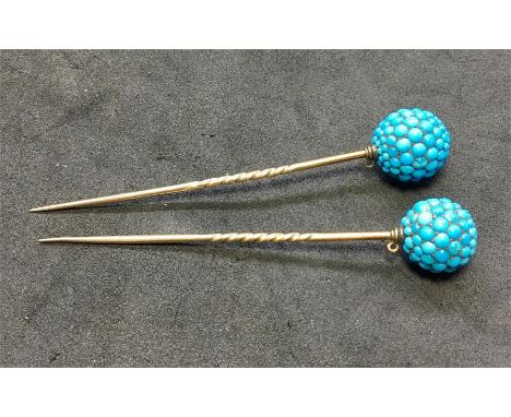2 Victorian turquoise top scarf pins each set with a ball of turquoise beads on yellow metal pin total weight 13.1g