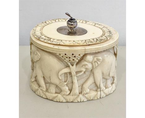 Antique 19th century carved Ivory elephant tea caddy with silver finial measures approx 7.5cm tall by 11cm wide not including