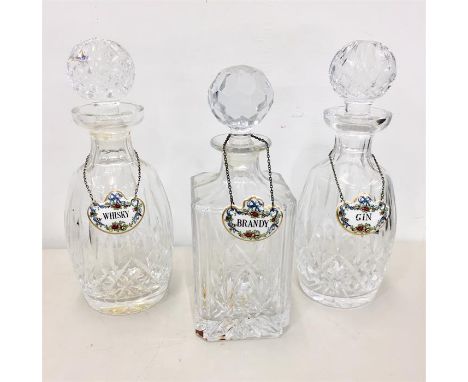 3 Cut Glass Decanter with 6  Waterford Wine Glasses ..decanters come with labels Whisky Brandy Gin All in Good Condition 